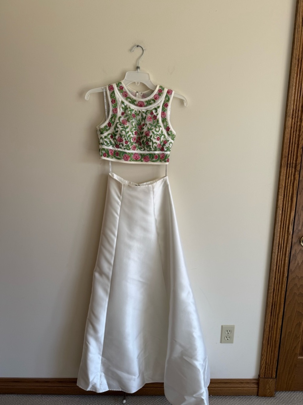 Camille La Vie White Two-Piece Prom Dress with Pink and Green Embroidery